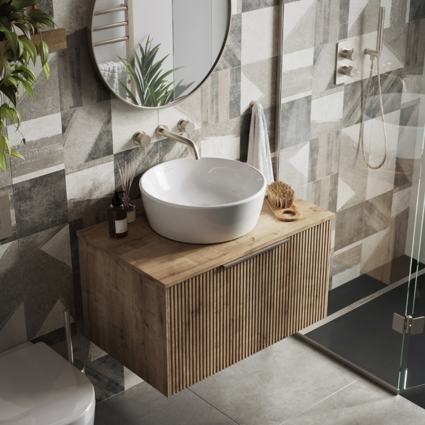 Product Lifestyle image of the Abacus Concept Sit On Halifax Oak 600mm Vanity Unit paired with a round countertop basin